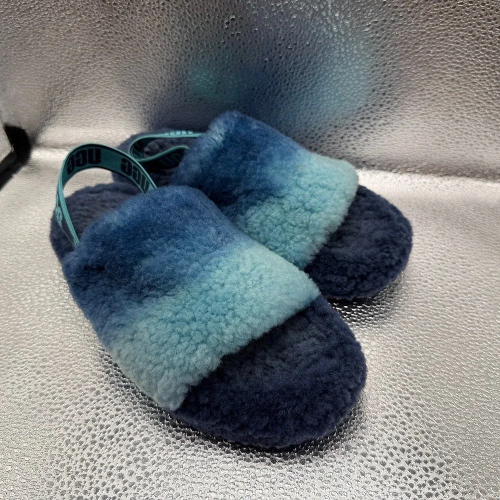 Size 6 UGG Fluff Yeah Slide Gradient Blue Kids Slingback Fuzzy Slipper 1120772K